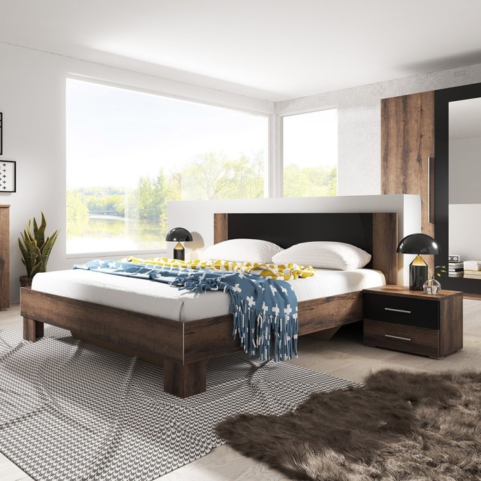 Lit adulte 160x200 collection IRINA. Coloris chêne foncé et noir