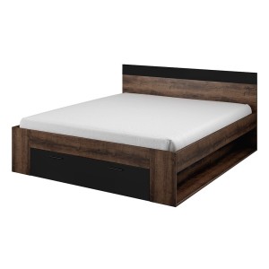 Lit adulte 180x200 avec tiroirs intégrés - Collection EOS. Coloris chêne foncé et noir