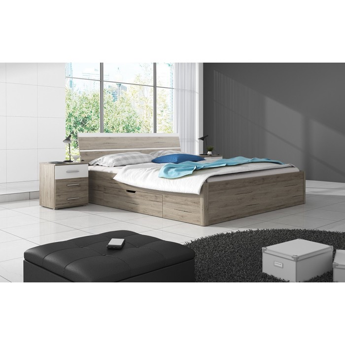 Lit adulte 160x200 avec tiroirs intégrés - Collection EOS. Coloris chêne clair et blanc