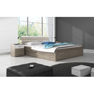 Lit adulte 160x200 avec tiroirs intégrés - Collection EOS. Coloris chêne clair et blanc