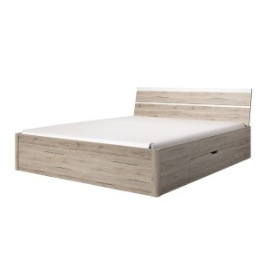 Lit adulte 180x200 avec tiroirs intégrés - Collection EOS. Coloris chêne clair et blanc
