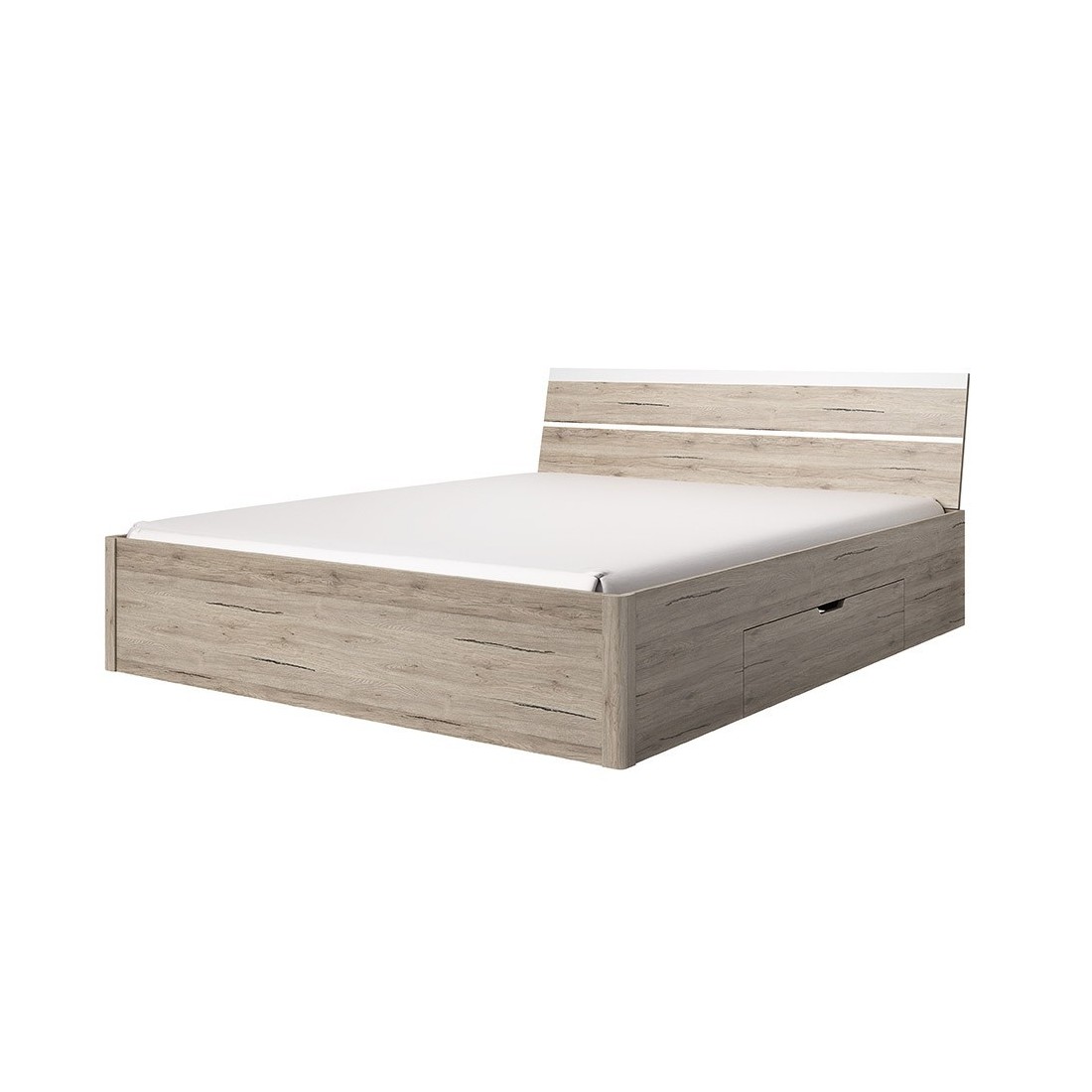 Lit adulte 180x200 avec tiroirs intégrés - Collection EOS. Coloris chêne clair et blanc