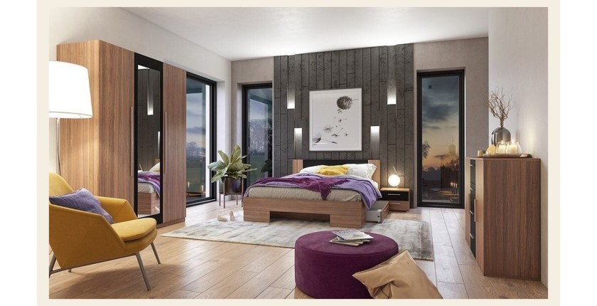 Lit adulte 180x200 collection IRINA. Coloris red wallnut et noir