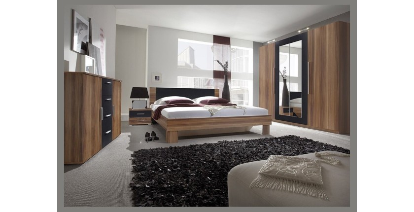 Lit adulte 180x200 collection IRINA. Coloris red wallnut et noir