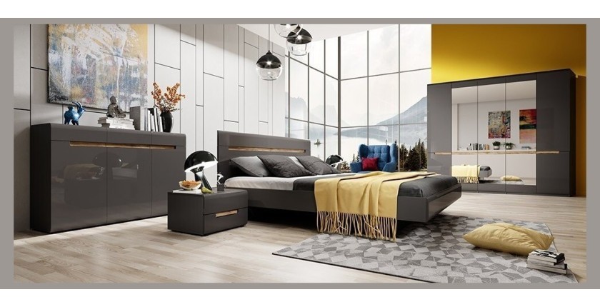 Lit adulte design 160x200 collection LUCIA. Coloris gris et chêne