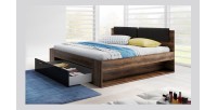 Lit adulte 160x200 avec tiroirs intégrés - Collection FLOYD. Coloris chêne foncé et noir
