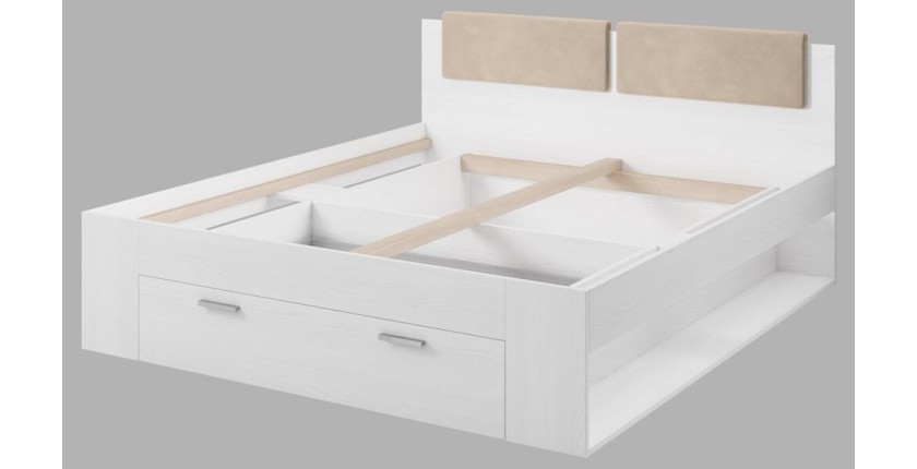 Lit adulte 160x200 avec tiroirs intégrés - Collection FLOYD. Coloris blanc effet bois