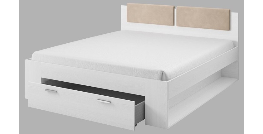 Lit adulte 160x200 avec tiroirs intégrés - Collection FLOYD. Coloris blanc effet bois