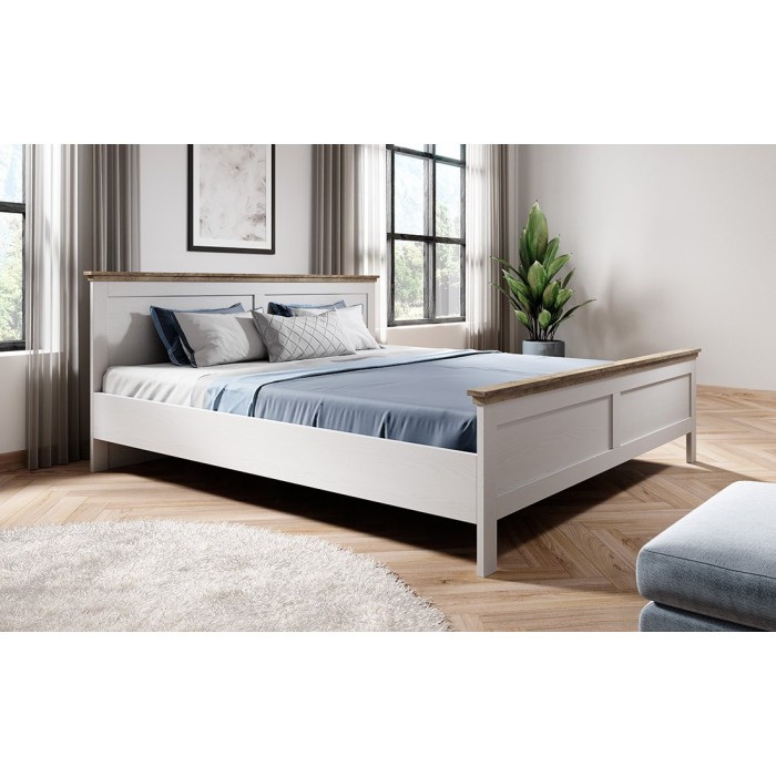Lit adulte 160x200 collection ASSIA. Coloris blanc et  finitions aspect chêne