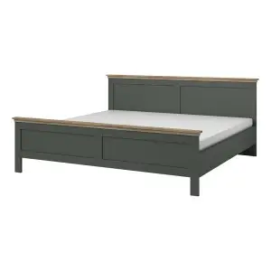 Lit adulte 140x200 collection ASSIA. Coloris vert kaki et finitions aspect chêne