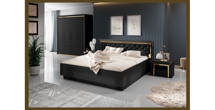 Lit adulte 160x200 collection DOHA. Coloris noir mat et dorées