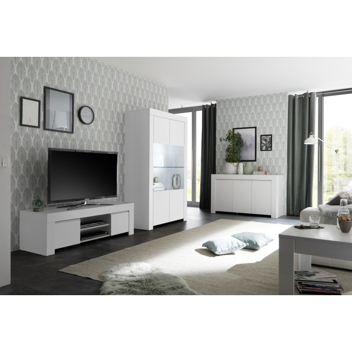 Meuble TV 2 portes, collection ZEFIR, coloris blanc mat, idéal pour un salon tendance et moderne