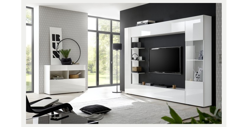 Buffet 1 tiroir et 1 porte abattante, collection SULTANO, coloris blanc, idéal dans votre salon ou salle à manger
