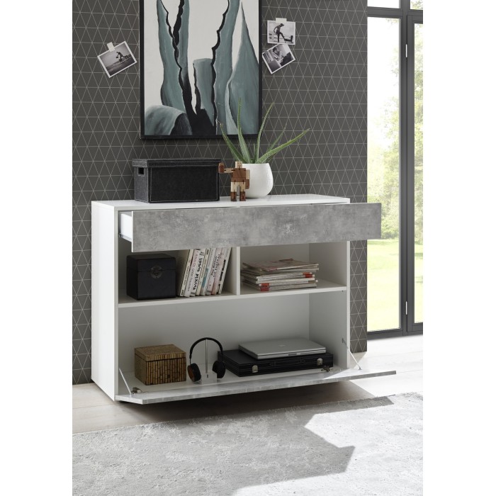 Buffet 1 tiroir et 1 porte abattante, collection SULTANO, coloris blanc effet béton, idéal pour votre salon