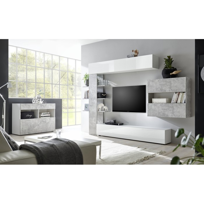Buffet 1 tiroir et 1 porte abattante, collection SULTANO, coloris blanc effet béton, idéal pour votre salon
