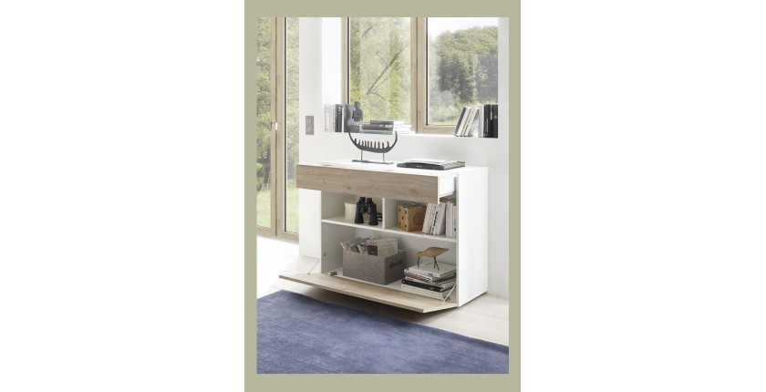 Buffet 1 tiroir et 1 porte abattante, collection SULTANO, coloris blanc et chêne clair, idéal pour votre salon