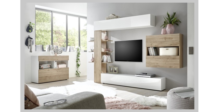 Buffet 1 tiroir et 1 porte abattante, collection SULTANO, coloris blanc et chêne clair, idéal pour votre salon