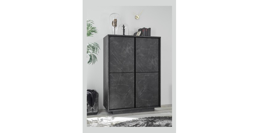 Argentier 4 portes, collection COLOMARMO, coloris noir effet marbre, idéal dans votre salon ou salle à manger