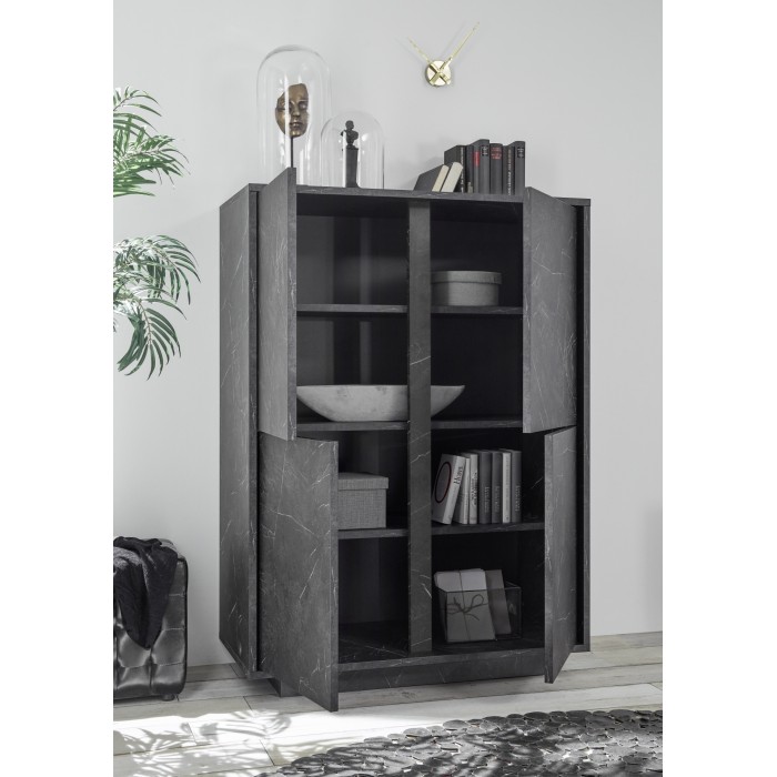 Argentier 4 portes, collection COLOMARMO, coloris noir effet marbre, idéal dans votre salon ou salle à manger