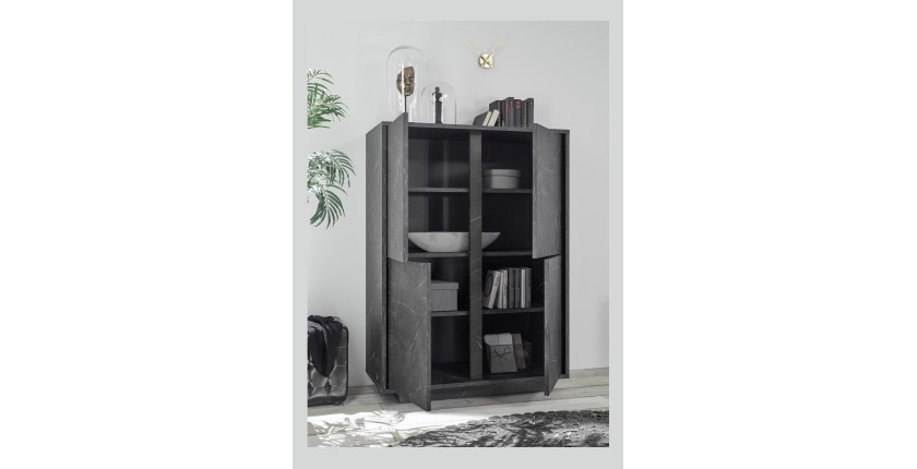 Argentier 4 portes, collection COLOMARMO, coloris noir effet marbre, idéal dans votre salon ou salle à manger