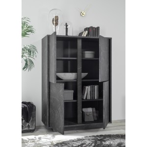 Argentier 4 portes, collection COLOMARMO, coloris noir effet marbre, idéal dans votre salon ou salle à manger