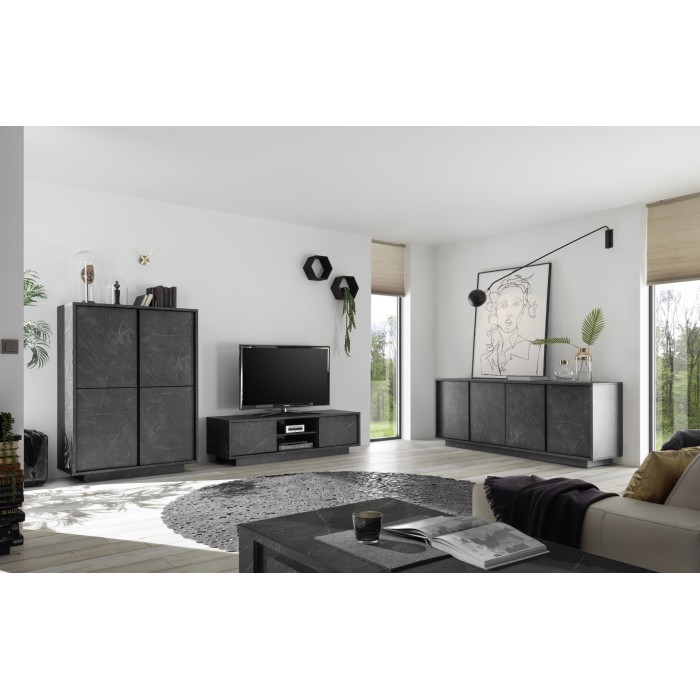 Argentier 4 portes, collection COLOMARMO, coloris noir effet marbre, idéal dans votre salon ou salle à manger