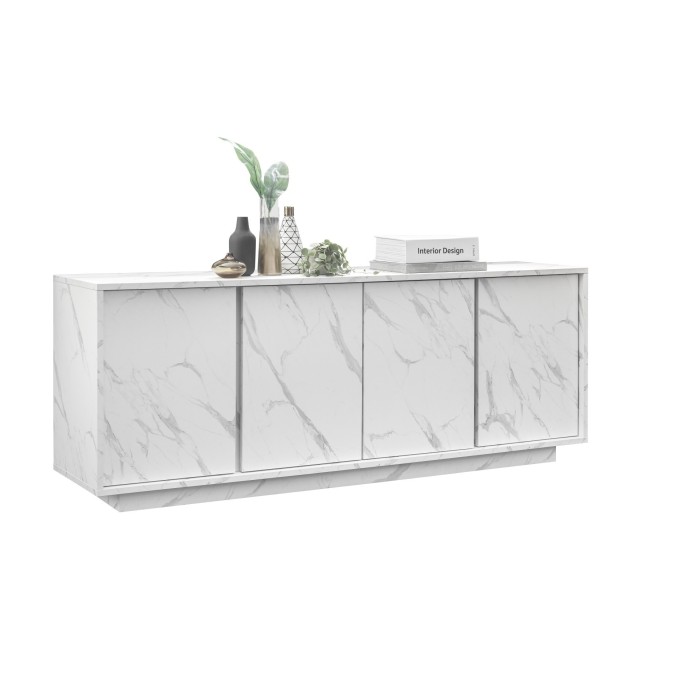 Buffet 4 portes, collection COLOMARMO, coloris blanc effet marbre, idéal pour un salon ou une salle à manger design