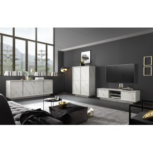 Buffet 4 portes, collection COLOMARMO, coloris blanc effet marbre, idéal pour un salon ou une salle à manger design
