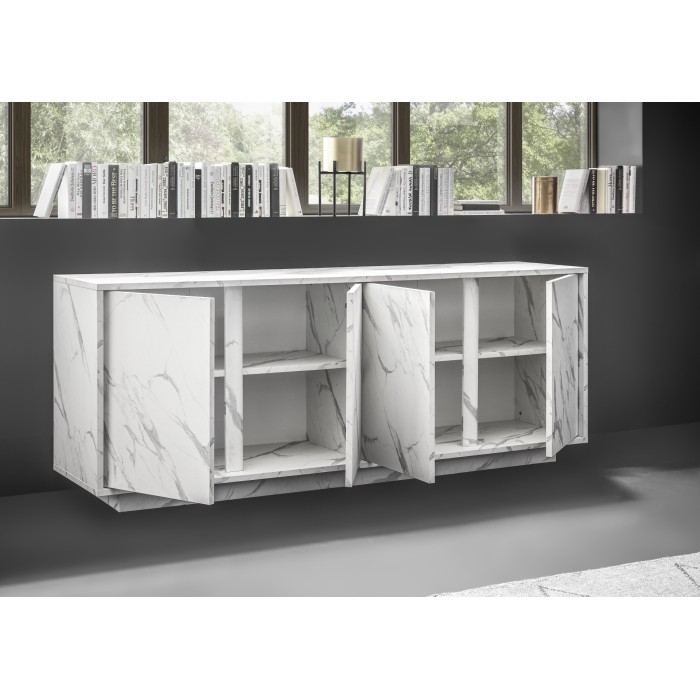 Buffet 4 portes, collection COLOMARMO, coloris blanc effet marbre, idéal pour un salon ou une salle à manger design