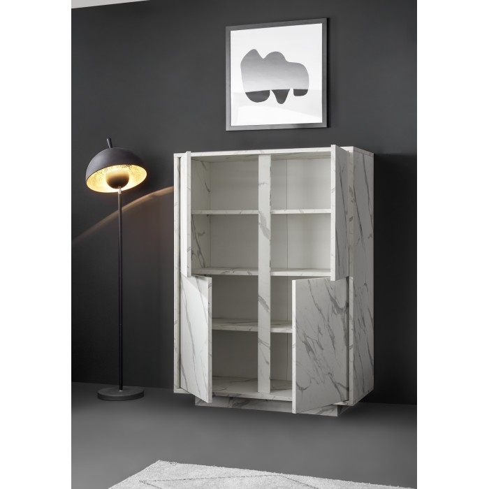 Argentier 4 portes, collection COLOMARMO, coloris blanc effet marbre, idéal dans votre salon ou salle à manger