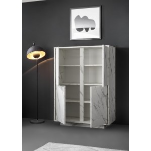 Argentier 4 portes, collection COLOMARMO, coloris blanc effet marbre, idéal dans votre salon ou salle à manger