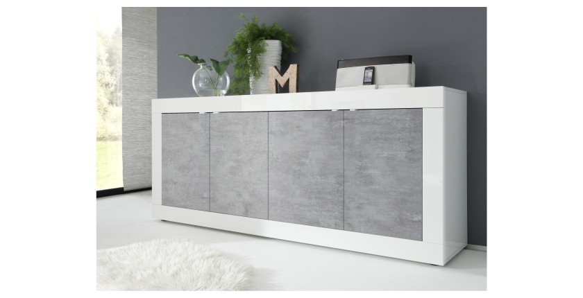 Buffet 4 portes, collection CISA, coloris blanc et gris effet béton, idéal pour un salon ou une salle à manger design