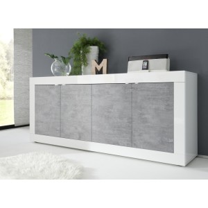 Buffet 4 portes, collection CISA, coloris blanc et gris effet béton, idéal pour un salon ou une salle à manger design