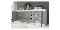 Buffet 2 portes et 3 tiroirs, collection CISA, coloris blanc et gris effet béton