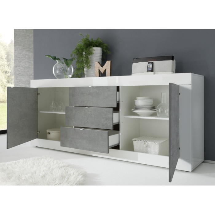 Buffet 2 portes et 3 tiroirs, collection CISA, coloris blanc et gris effet béton
