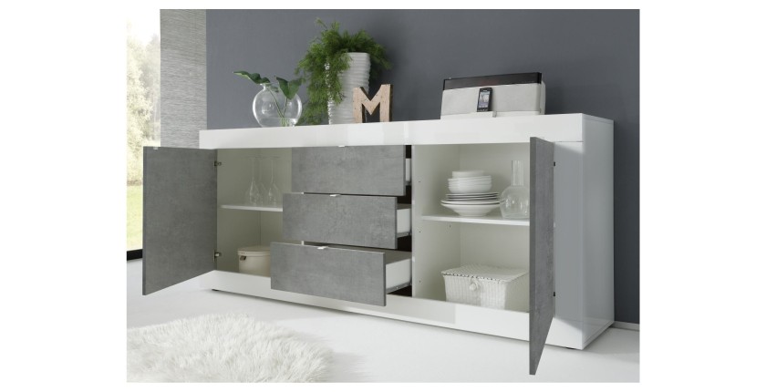 Buffet 2 portes et 3 tiroirs, collection CISA, coloris blanc et gris effet béton