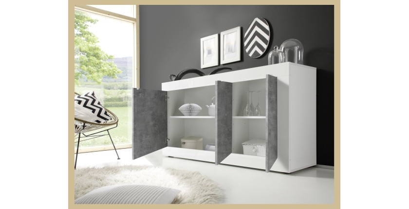 Buffet 3 portes, collection CISA, coloris blanc et gris effet béton, idéal pour votre salon ou salle à manger
