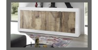 Buffet 4 portes, collection CISA, coloris blanc et chêne clair, idéal pour un salon ou une salle à manger moderne