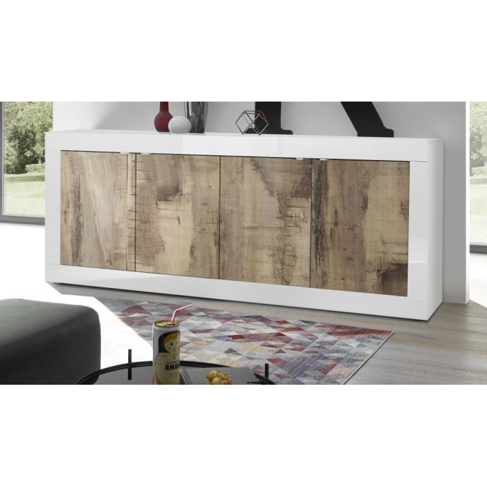 Buffet 4 portes, collection CISA, coloris blanc et chêne clair, idéal pour un salon ou une salle à manger moderne