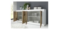 Buffet 4 portes, collection CISA, coloris blanc et chêne clair, idéal pour un salon ou une salle à manger moderne