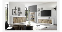 Buffet 2 portes et 2 tiroirs, collection CISA, coloris blanc laqué brillant et chêne clair