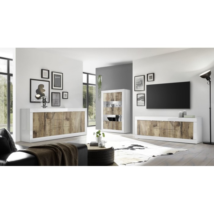 Buffet 2 portes et 2 tiroirs, collection CISA, coloris blanc laqué brillant et chêne clair
