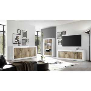 Buffet 2 portes et 2 tiroirs, collection CISA, coloris blanc laqué brillant et chêne clair
