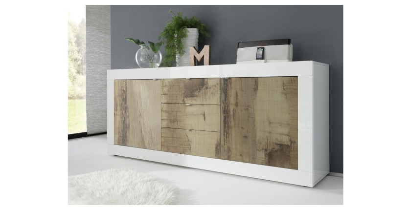 Buffet 2 portes et 3 tiroirs, collection CISA, coloris blanc et chêne clair