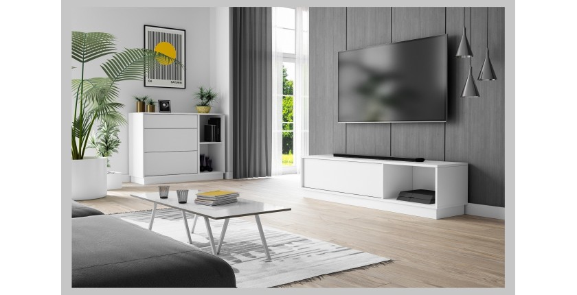 Commode design EVO, 100cm, 1 tiroir et 2 portes, coloris blanc mat
