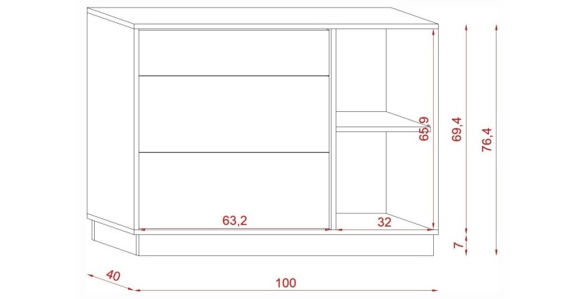 Commode design EVO, 100cm, 1 tiroir et 2 portes, coloris blanc mat