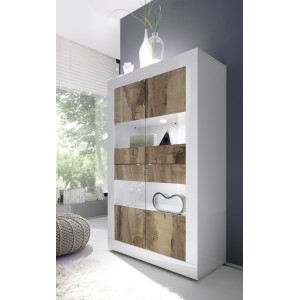Vitrine 4 portes, collection CISA, coloris blanc laqué brillant et chêne clair