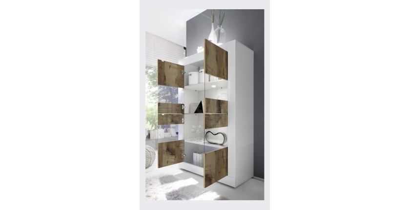 Vitrine 4 portes, collection CISA, coloris blanc laqué brillant et chêne clair