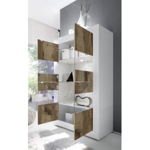 Vitrine 4 portes, collection CISA, coloris blanc laqué brillant et chêne clair