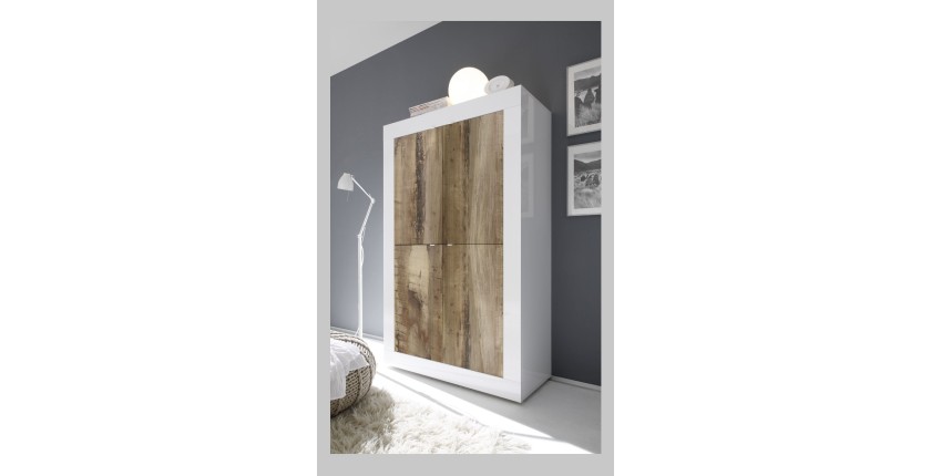 Buffet haut 4 portes, collection CISA, coloris blanc laqué brillant et chêne clair
